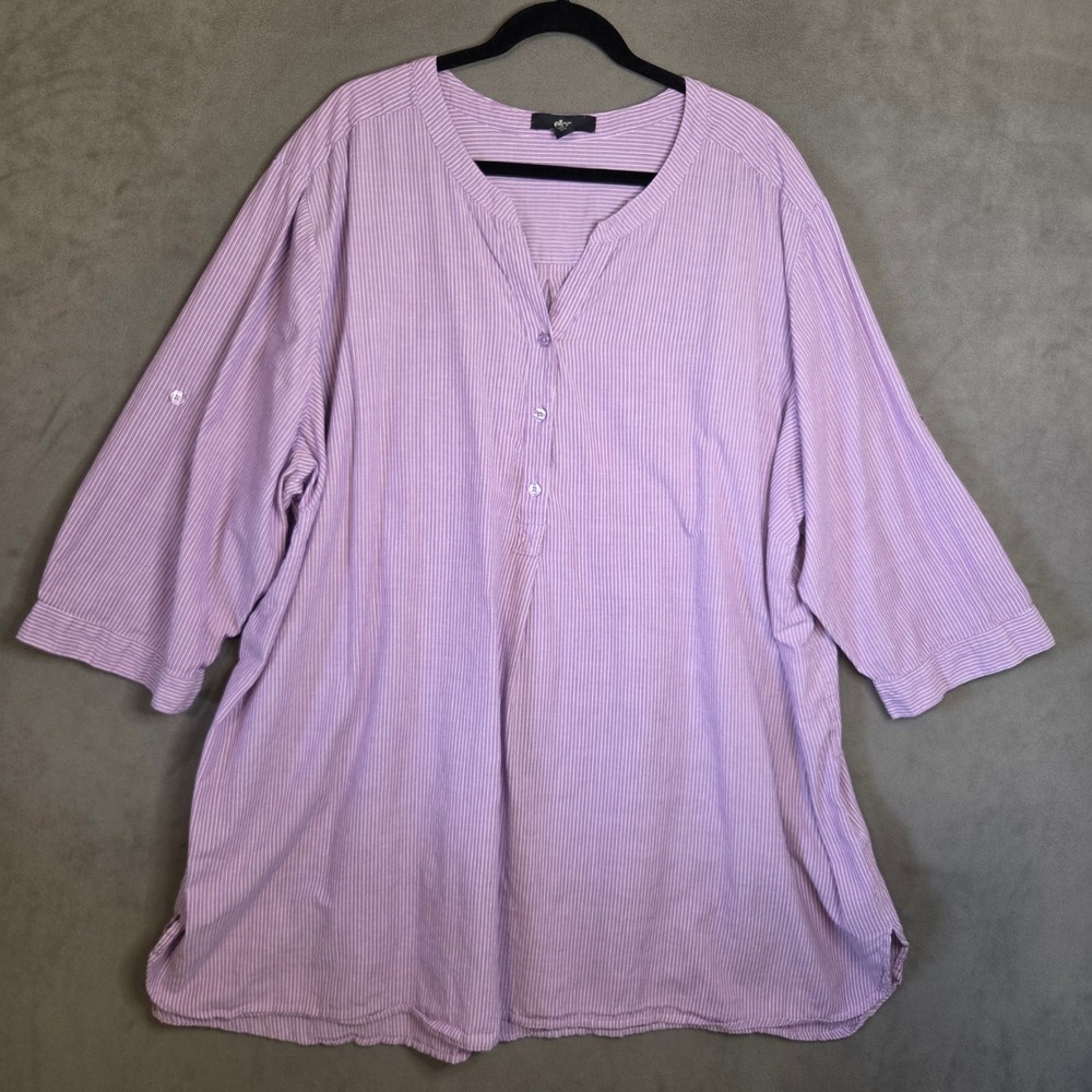 Ellos Striped Top Women's 4X Cotton Henley Roll Tab Sleeve Coastal Casual